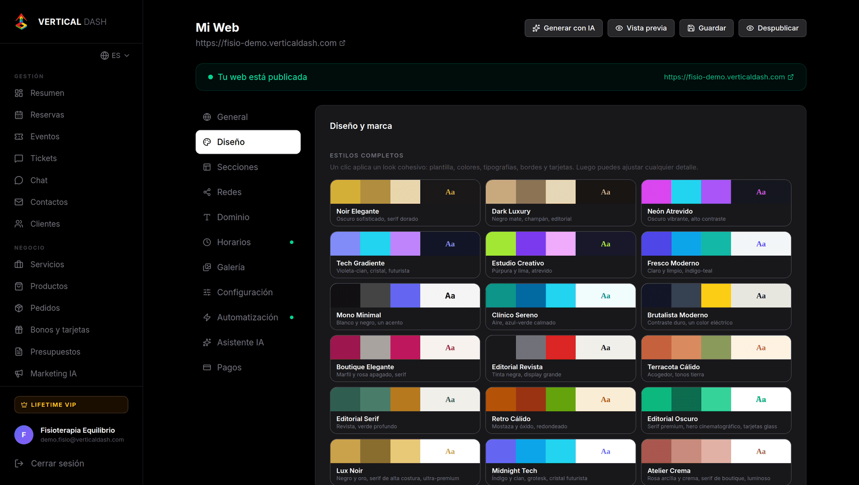 Editor de VerticalDash: estilos de diseño completos con un clic, tipografías y colores por marca
