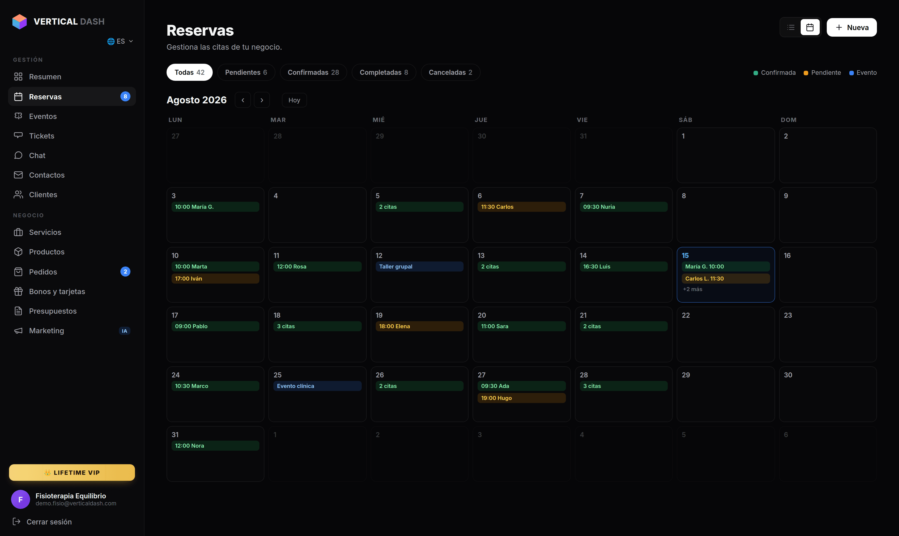 Agenda de VerticalDash: calendario mensual con las citas confirmadas y pendientes del negocio